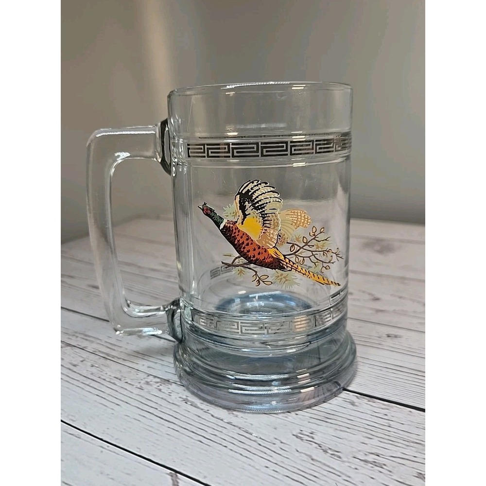 Vintage Princess House‎ Pheasant Clear Glass Beer Stein Mug Greek Key Trim 14oz